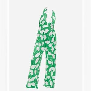 Diane Von Furstenberg Jumpsuit Romper Green Gingko Designer Halter Jumpsuit NWT